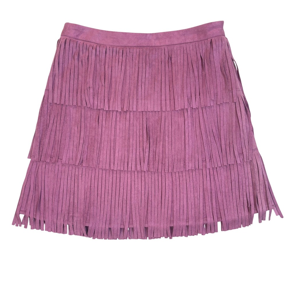 SHE SKY Berry Faux Suede Fringe Tiered Mini Skirt Women's Small Western Festival